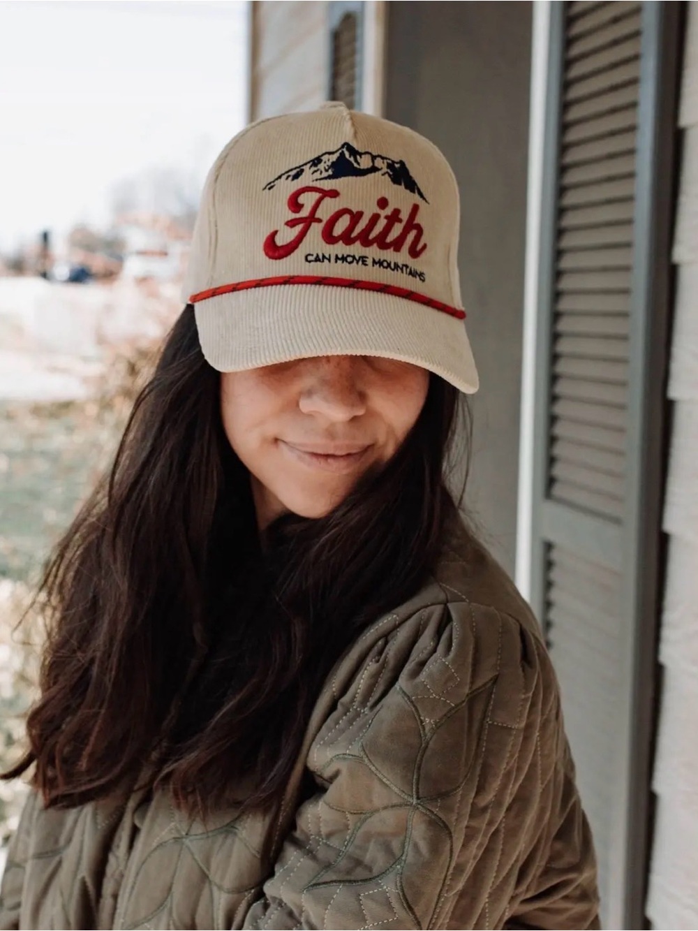 Faith Embroidered Beige Corduroy Trucker Hat with Red Accents
